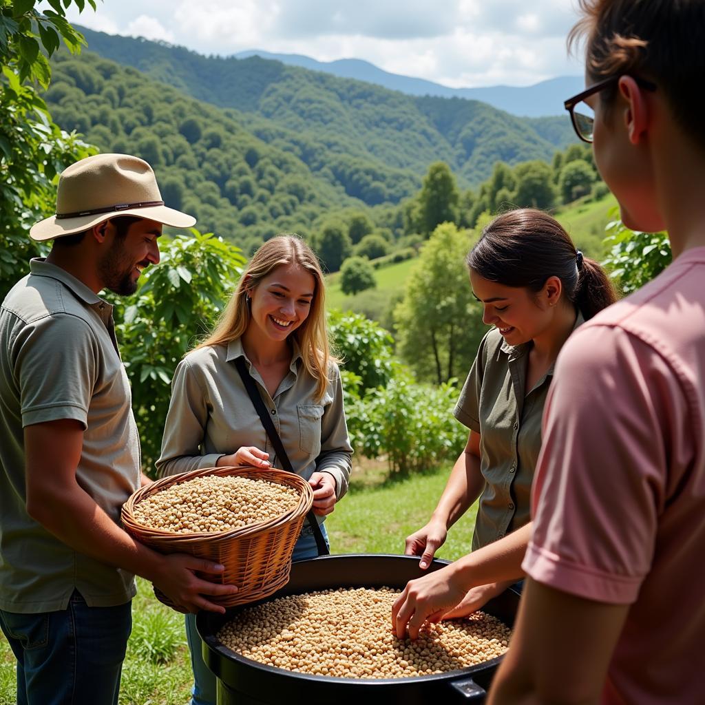 Guests participating in coffee-related activities at a homestay