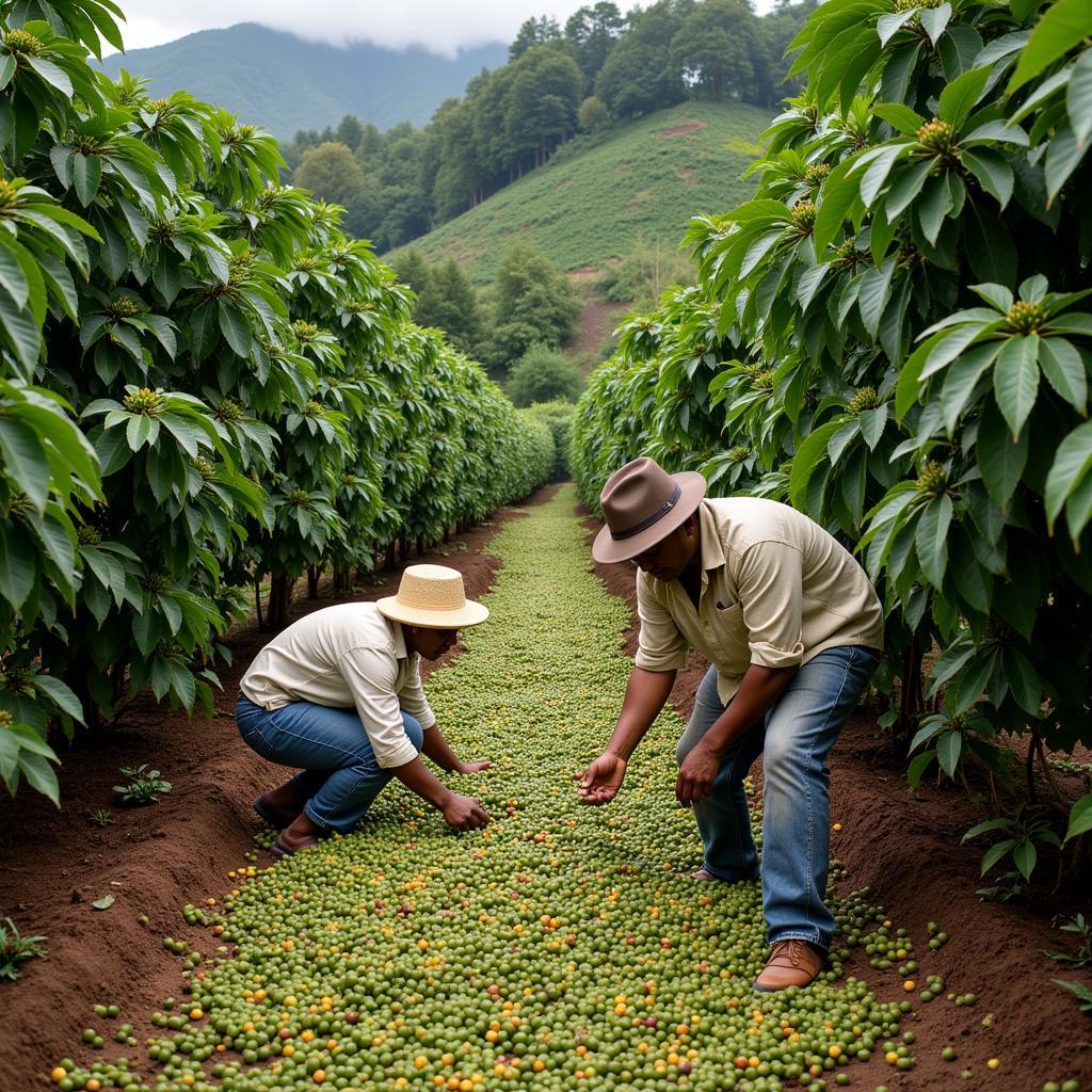 Workers harvesting coffee beans in a Chikmagalur coffee plantation.