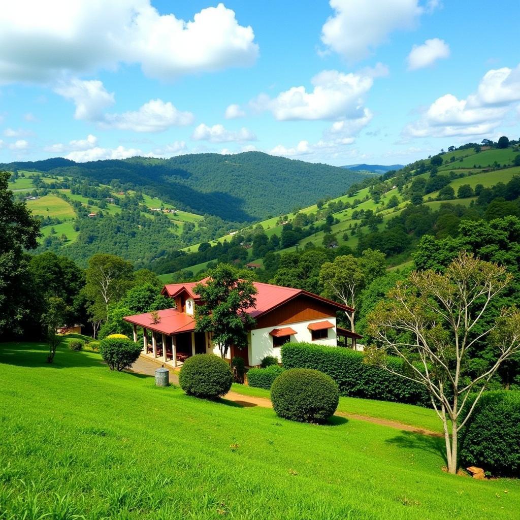 Scenic view of a homestay in Basavanahalli, Chikmagalur with rolling hills and coffee plantations in the background