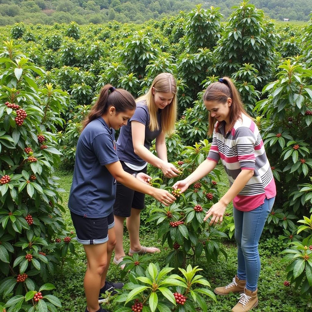 Guests participating in coffee estate activities like picking coffee beans