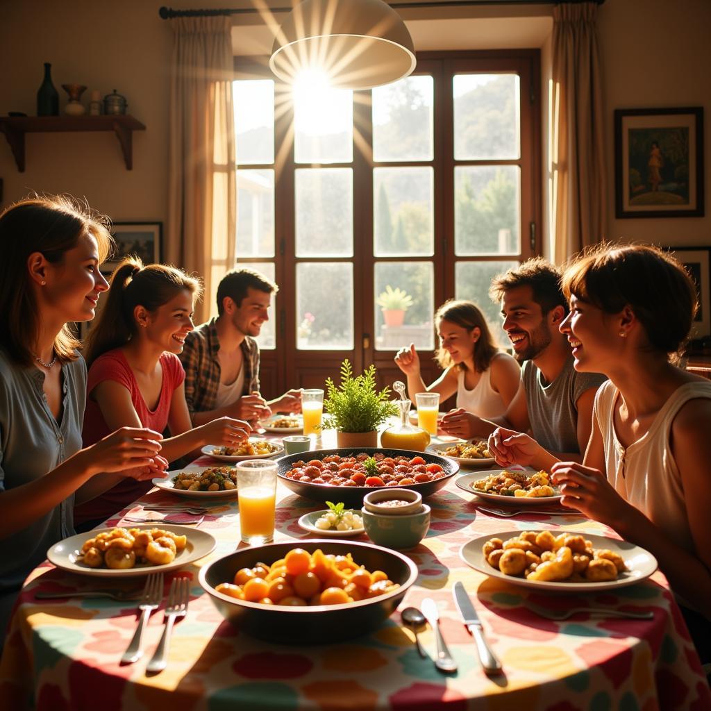 Spanish Family enjoying a meal with their homestay guest