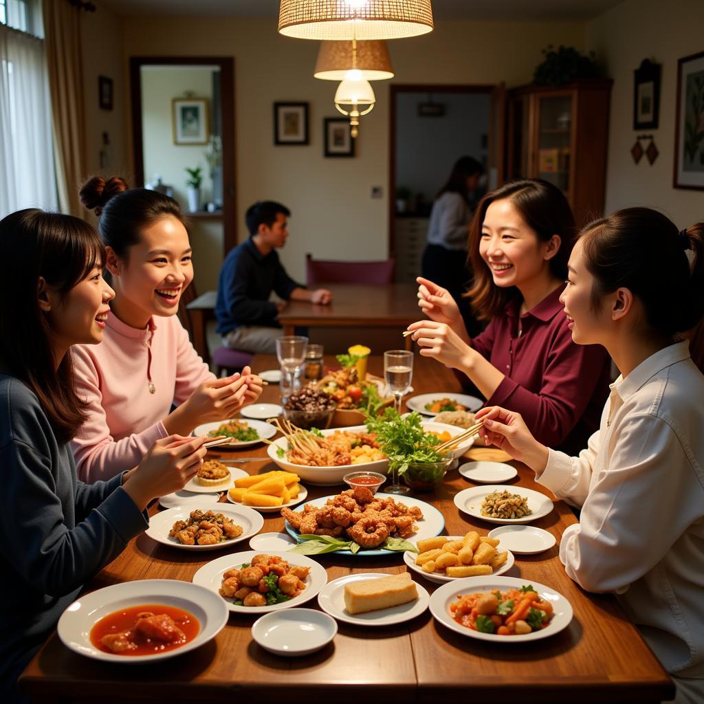 A family enjoying a meal together in a Con Dao homestay