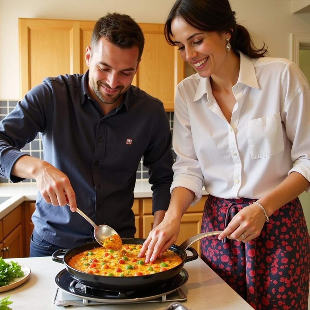 A guest learning to make paella with their Spanish host family.