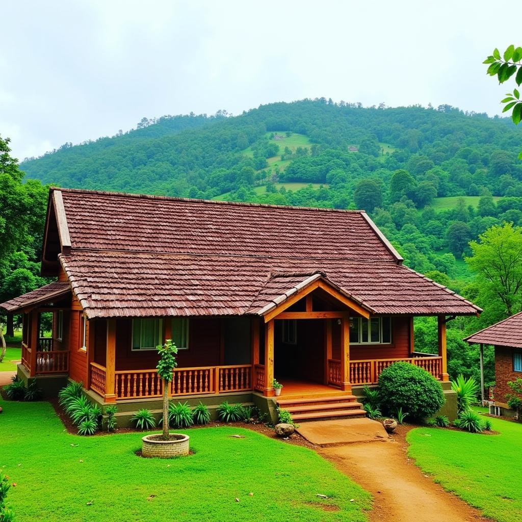 A traditional Coorg house with a tiled roof surrounded by lush greenery