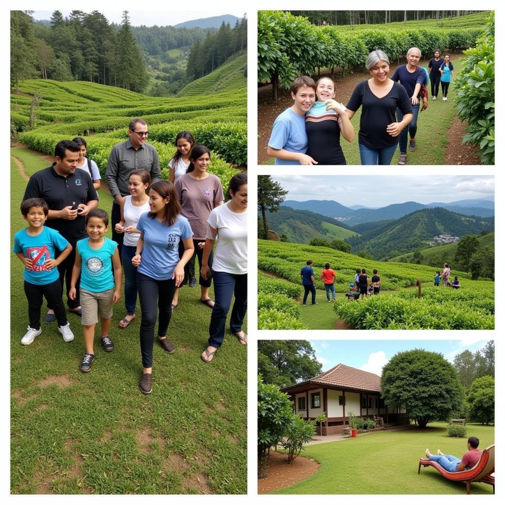 Guests enjoying various activities at a Coorg homestay, including coffee plantation tour and trekking