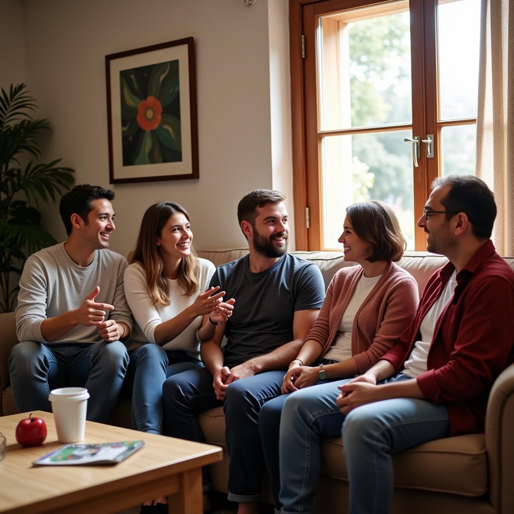 Homestay family and guests engaging in conversation