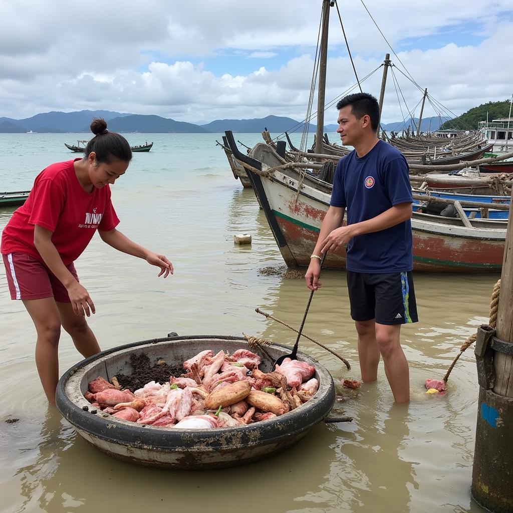 Local fishermen showing their catch of the day to homestay guests on Cu Lao Xanh island