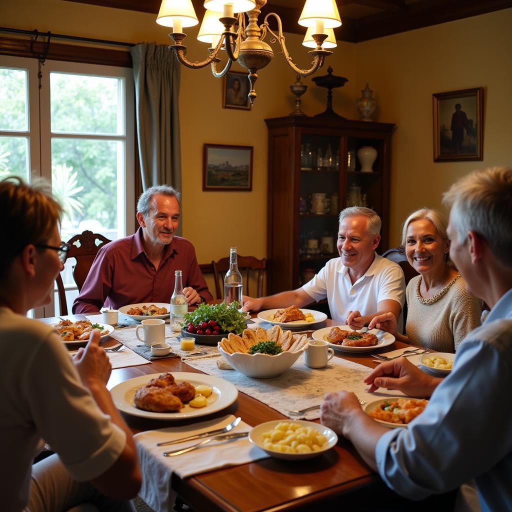 A Cuban family sharing a traditional meal with their homestay guest in a warm and inviting setting.