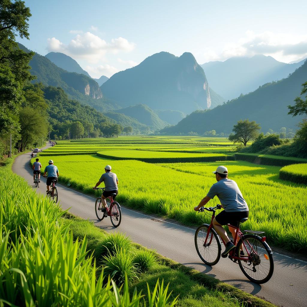 Tourists cycling through vibrant green rice paddies near Hoi An, Vietnam