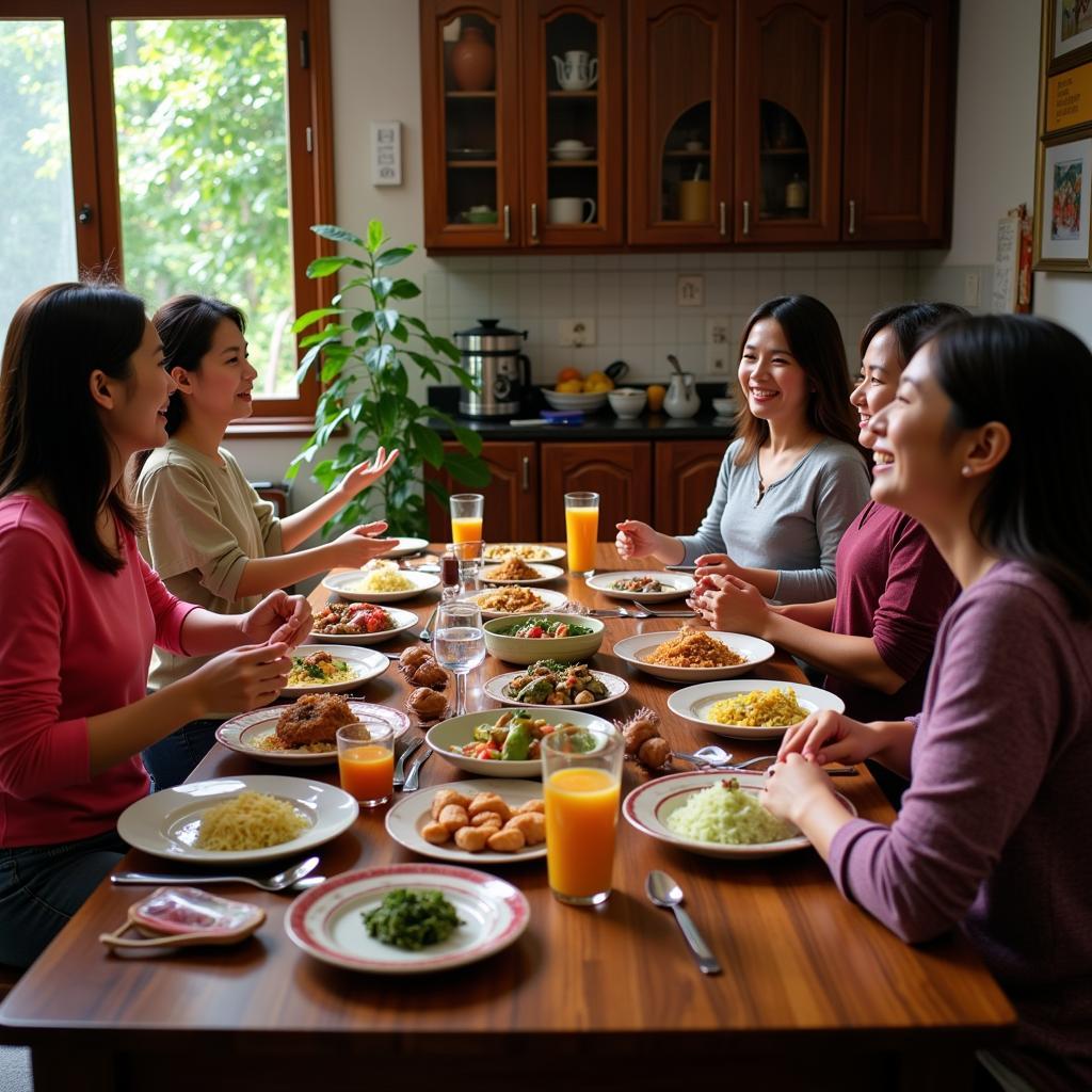 A Vietnamese family sharing a meal together in a Da Lat homestay.