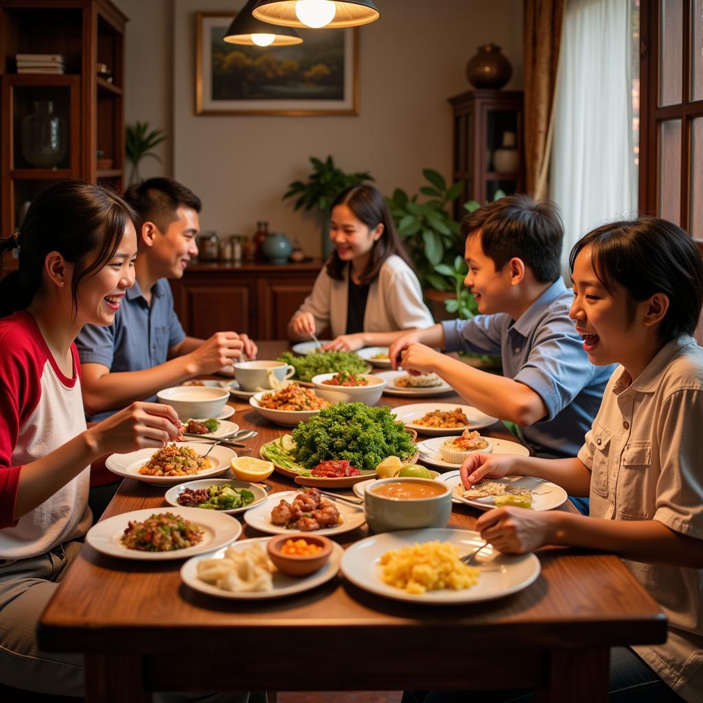 Family enjoying a meal together at a homestay in Danang