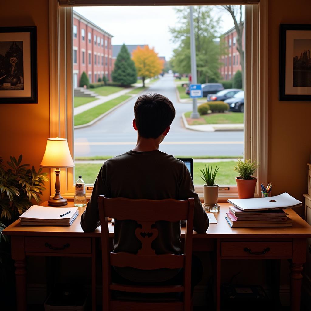 Student studying in a bright and welcoming homestay room near De Anza College