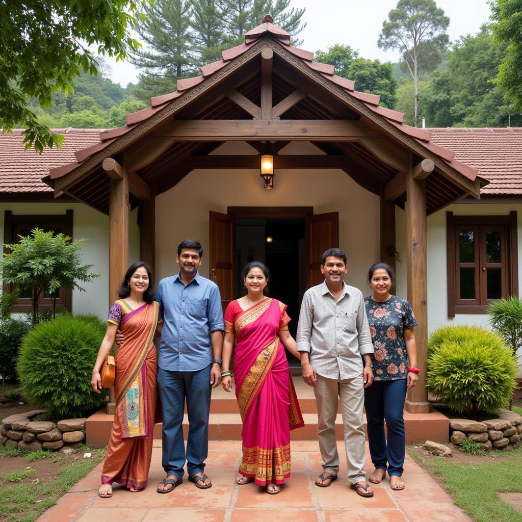 Family welcoming guests at a homestay near Devaramane Betta