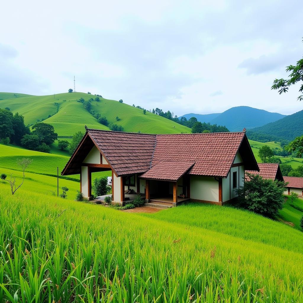 Scenic view of a Devaramane Mudigere homestay nestled amidst lush green hills and coffee plantations.