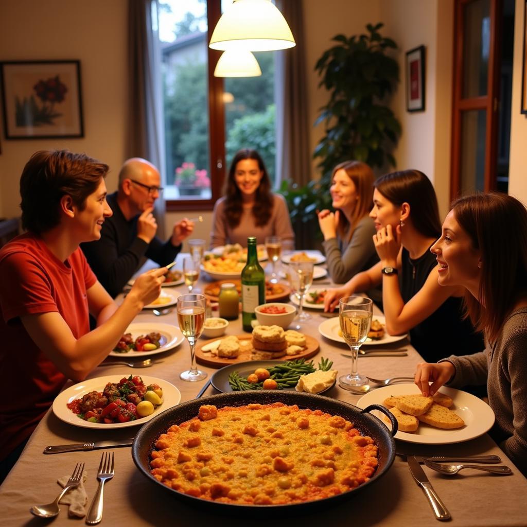 A family enjoying a traditional Spanish meal together in a homestay setting.