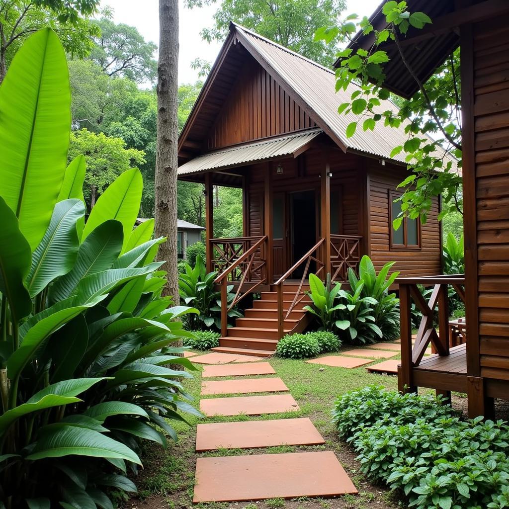 Scenic view of a Di Batang Kali homestay resort nestled amidst lush greenery, showcasing traditional Malaysian architecture and a welcoming atmosphere.