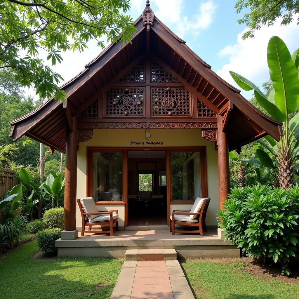 Diana Homestay Exterior - A charming traditional Javanese house nestled amongst lush greenery, showcasing the authentic architecture and welcoming atmosphere.