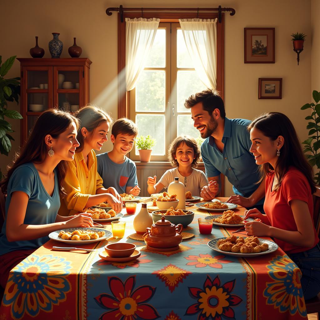 A warm and welcoming Spanish family gathered around a table in their dining room, smiling and ready to host a homestay guest