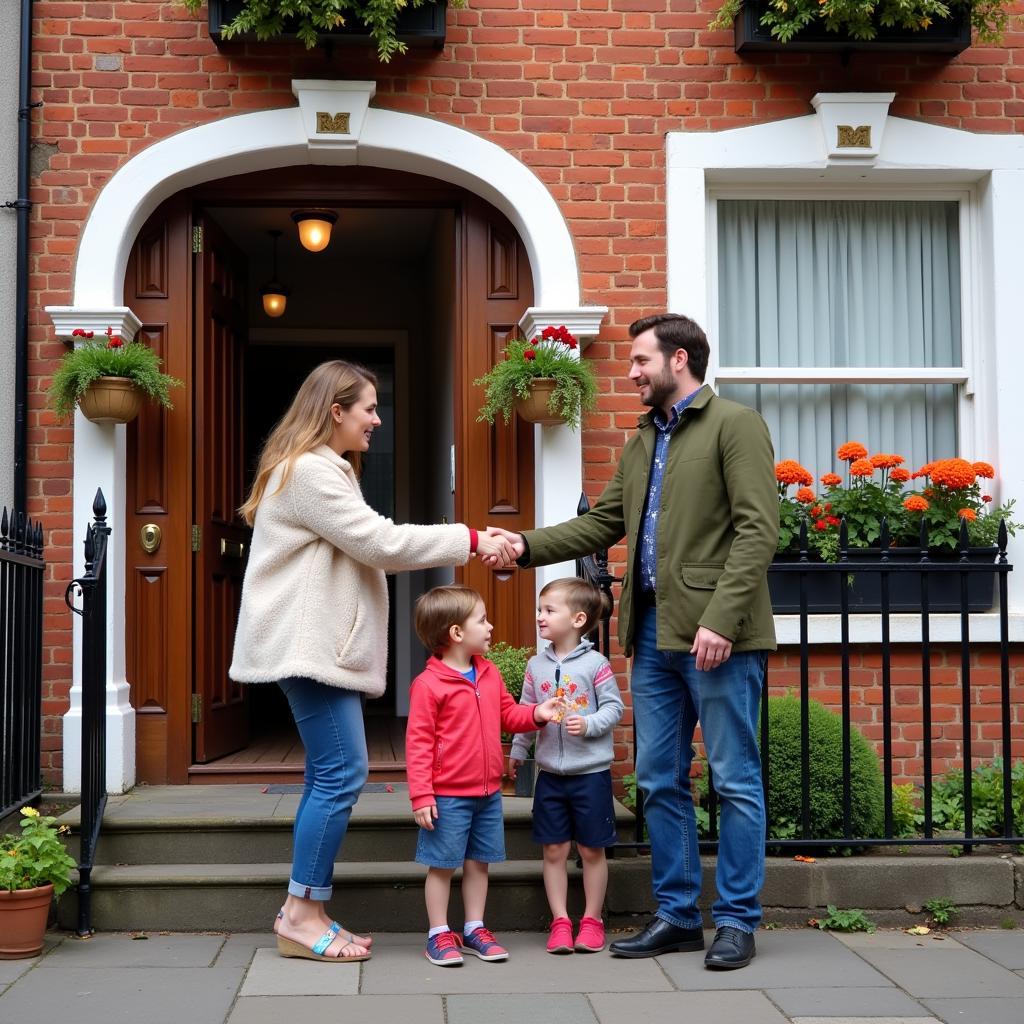 A welcoming Irish homestay family greeting a new arrival with warm smiles and open arms.