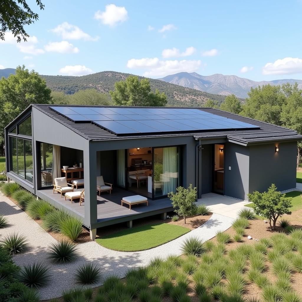 A modern, eco-friendly Spanish homestay with solar panels on the roof, showcasing sustainable tourism practices.