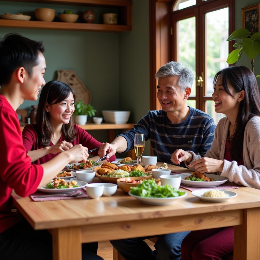 A family sharing a meal together in a traditional Vietnamese home, demonstrating the warmth and hospitality offered at eco homestays.