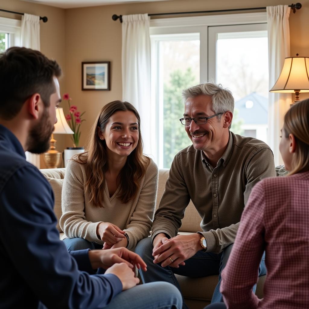 A warm and welcoming host family in Hastings interacting with an international student during their English language homestay. 