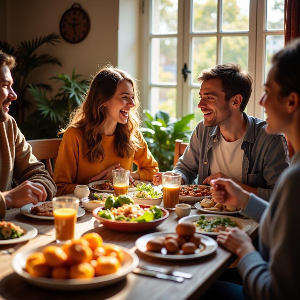 Enjoying a meal with a Spanish host family during an English language homestay