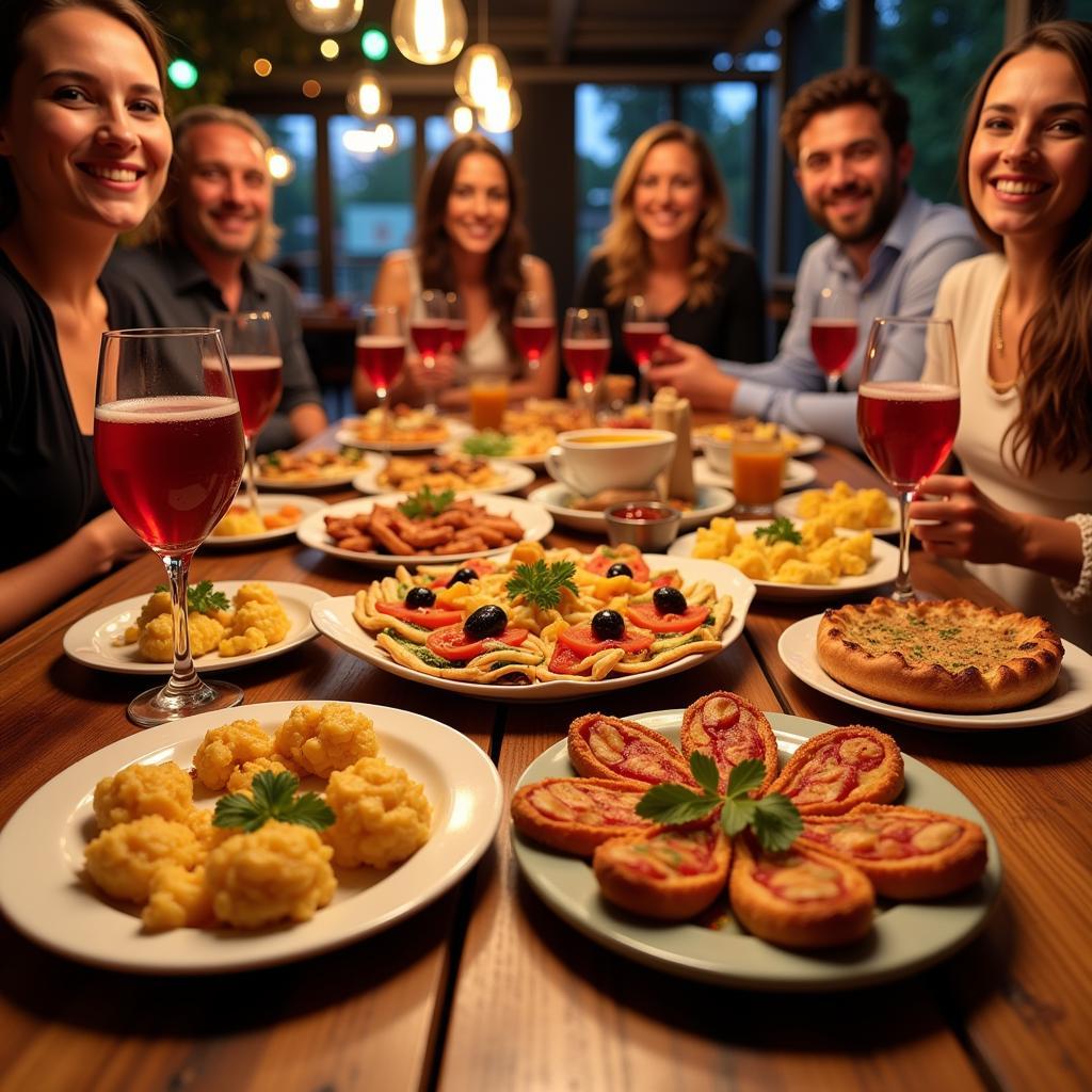 A group of friends enjoying a variety of tapas and drinks in a lively Spanish restaurant