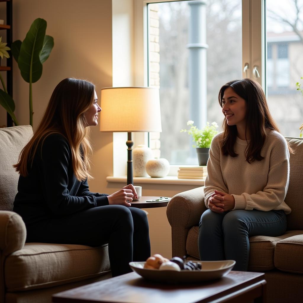 An ESL student engages in conversation with their host family in their Vancouver home.