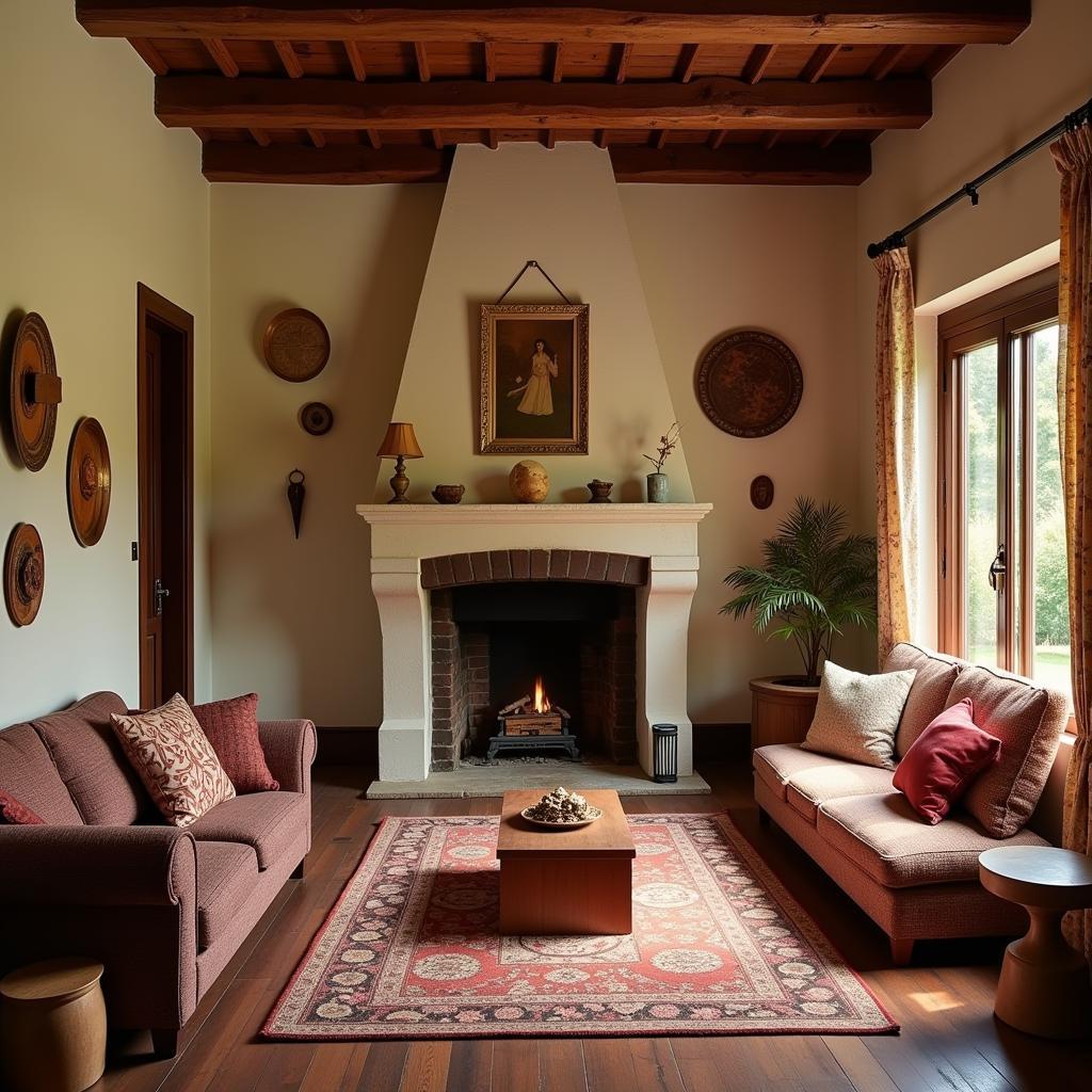 Cozy Living Room at Evelyn Homestay - Warm and inviting living room with traditional decor and a fireplace, perfect for relaxing after a day of exploring.