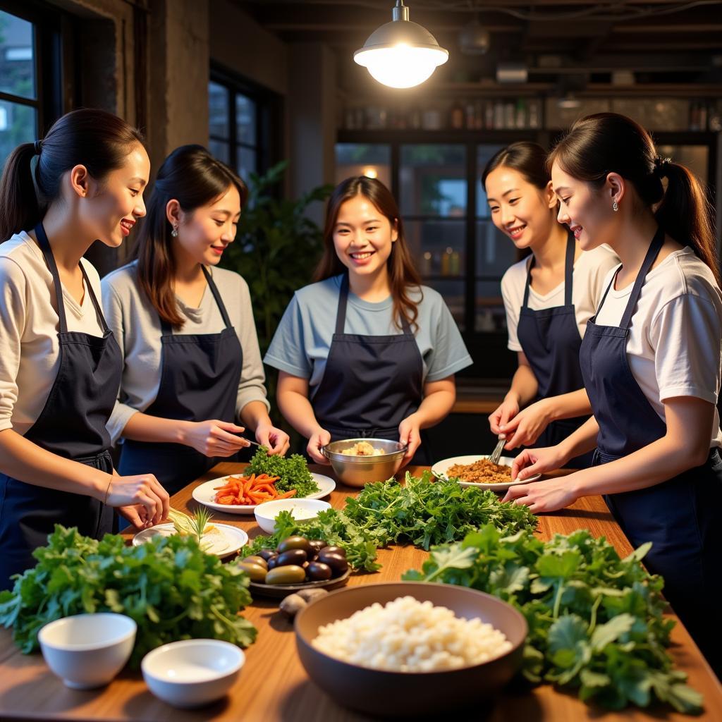 Experiencing Mu Cang Chai Homestay Life: Guests participate in a traditional cooking class, learning to prepare local dishes with fresh ingredients from the region.