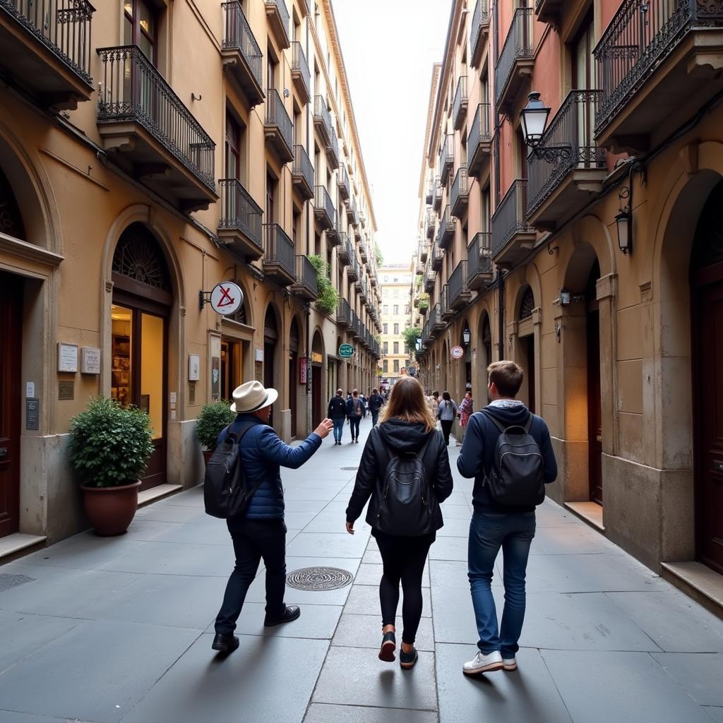 A tourist exploring Barcelona with their local host, discovering hidden gems and enjoying the city's vibrant atmosphere