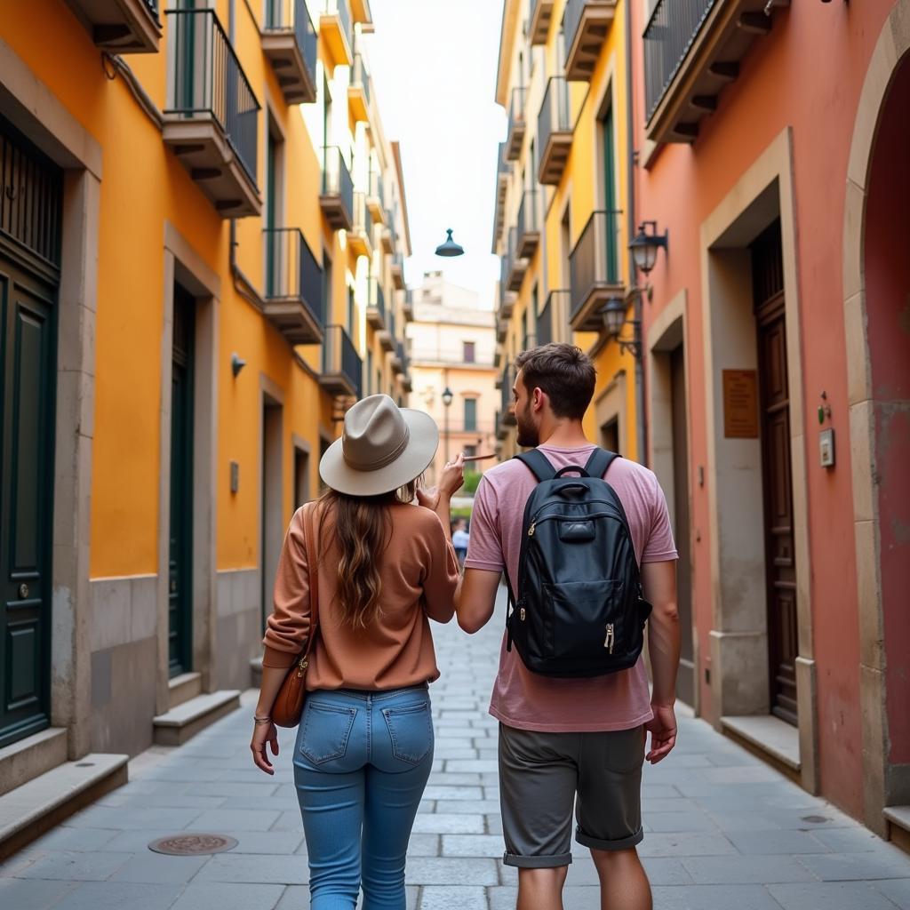 Exploring the vibrant streets of Barcelona with a local host during an avatar homestay experience.