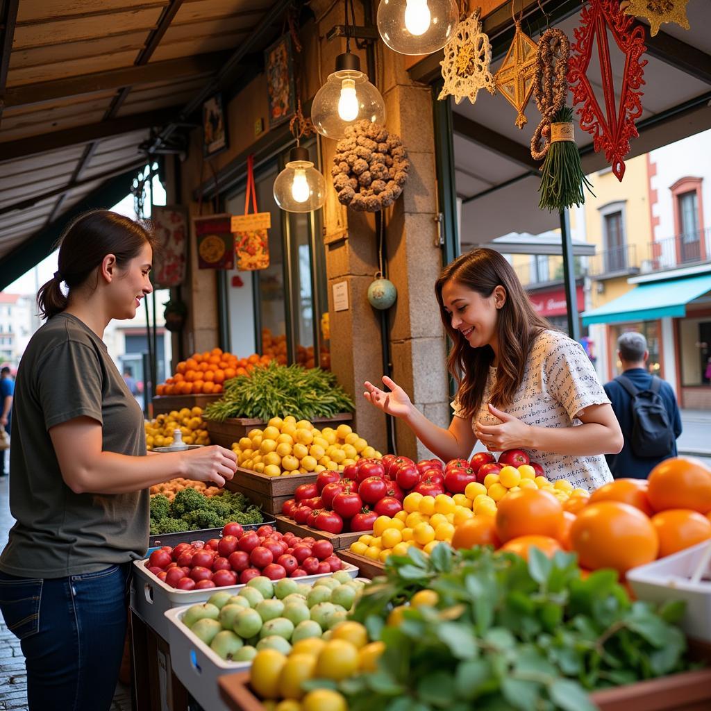 Exploring a bustling local market in Spain during a homestay TTC program.