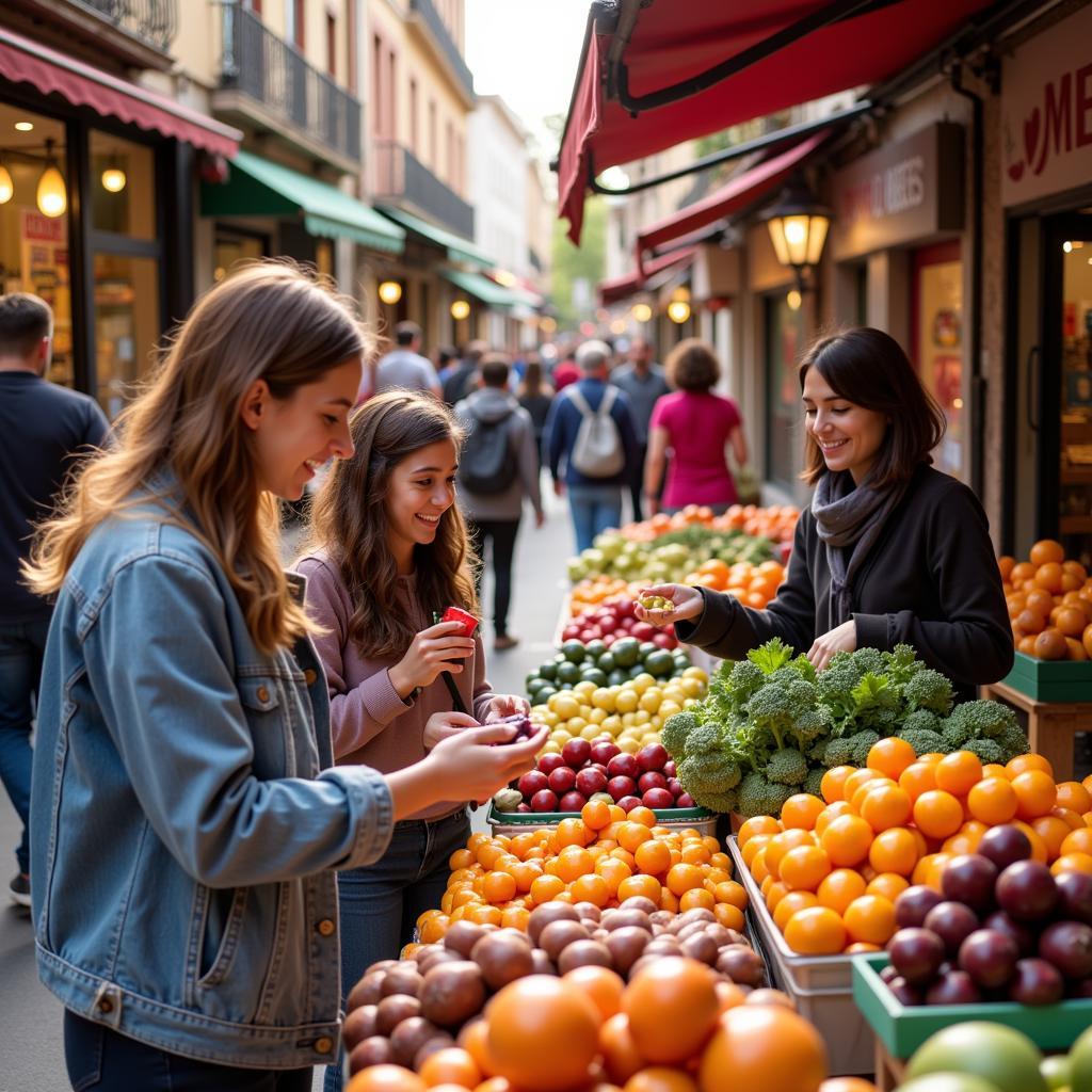 Green River College students exploring a bustling Spanish market with their homestay family.