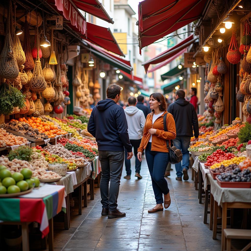 Guests exploring a vibrant local market in Spain with their homestay host.