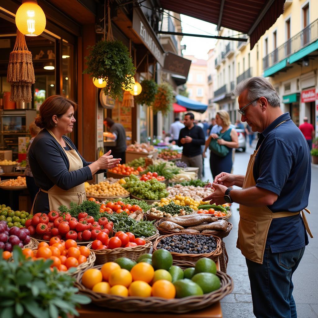 Guests exploring a vibrant local market with their homestay host