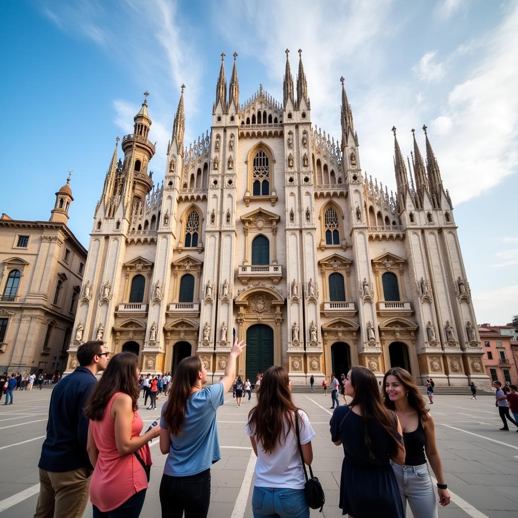 Homestay guests admiring a historic Spanish cathedral with their host