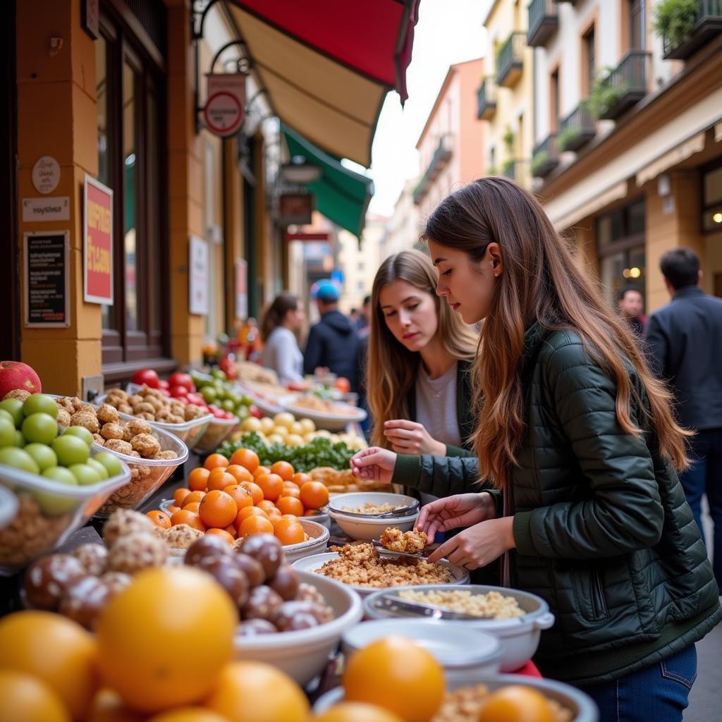 A student participating in a homestay exploring a local Spanish market with their host family, trying new foods and experiencing the local culture.