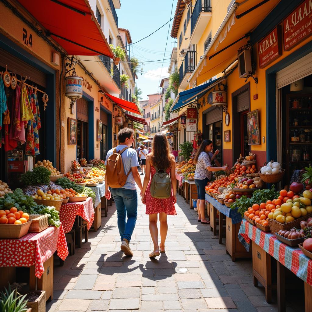 Exploring bustling Spanish markets with locals during a homestay