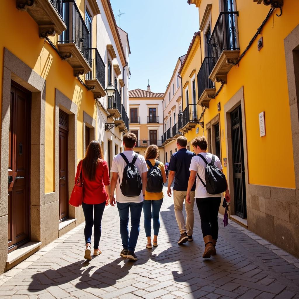 Homestay guests exploring a charming Spanish town with their local hosts, discovering hidden gems and experiencing authentic local life.