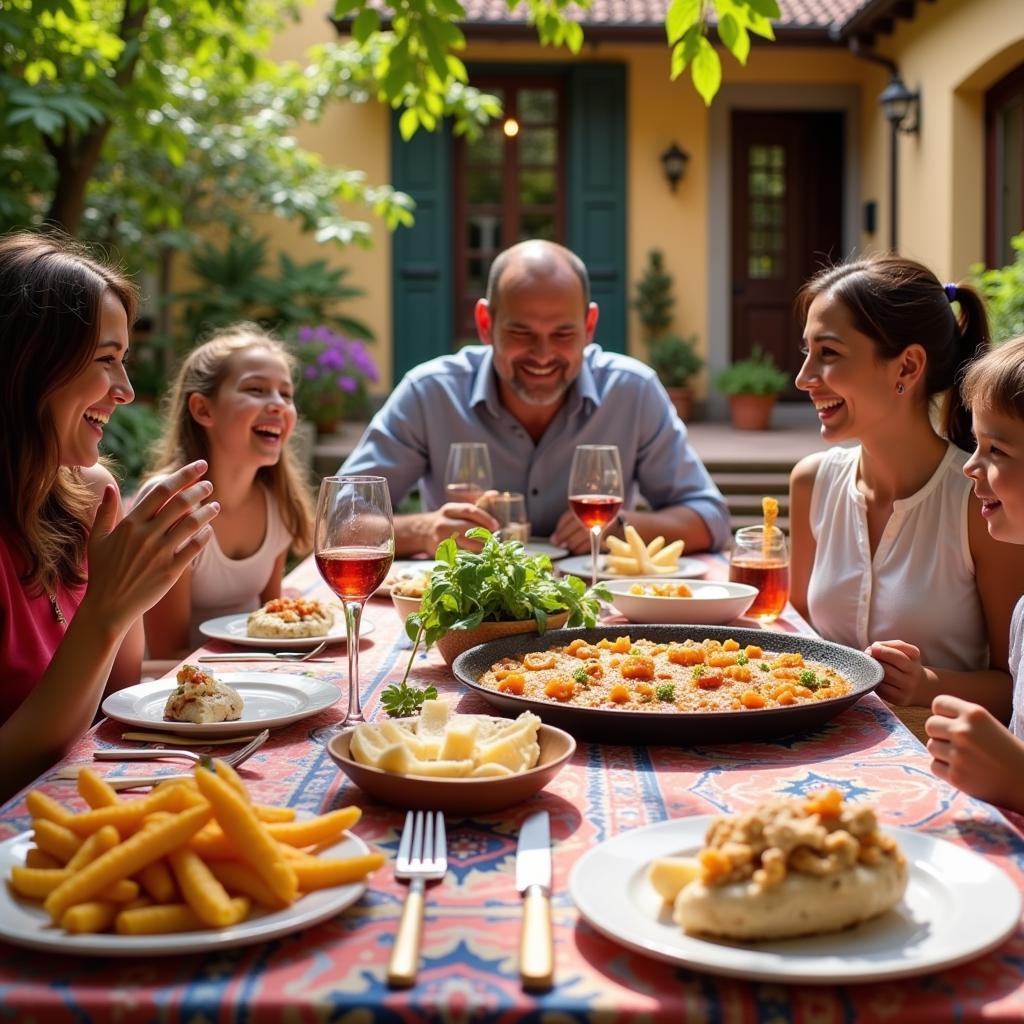 Family enjoying a meal together in a Spanish villa during their family day homestay