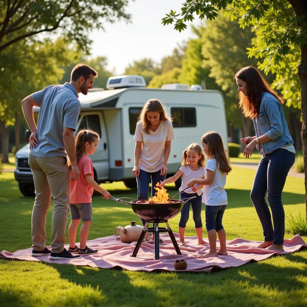 Family enjoying activities and local culture at a homestay RV park in Spain