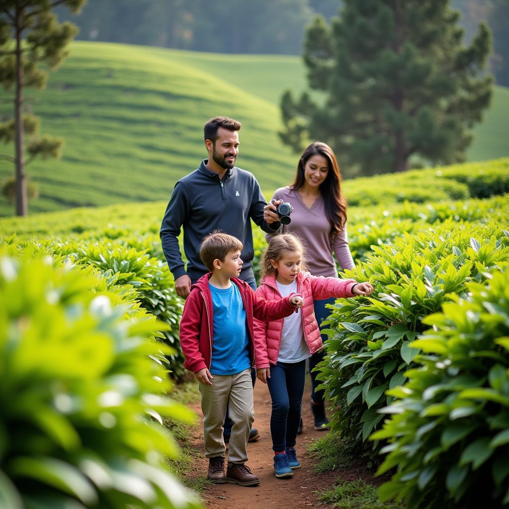 Family exploring a tea plantation in Coonoor