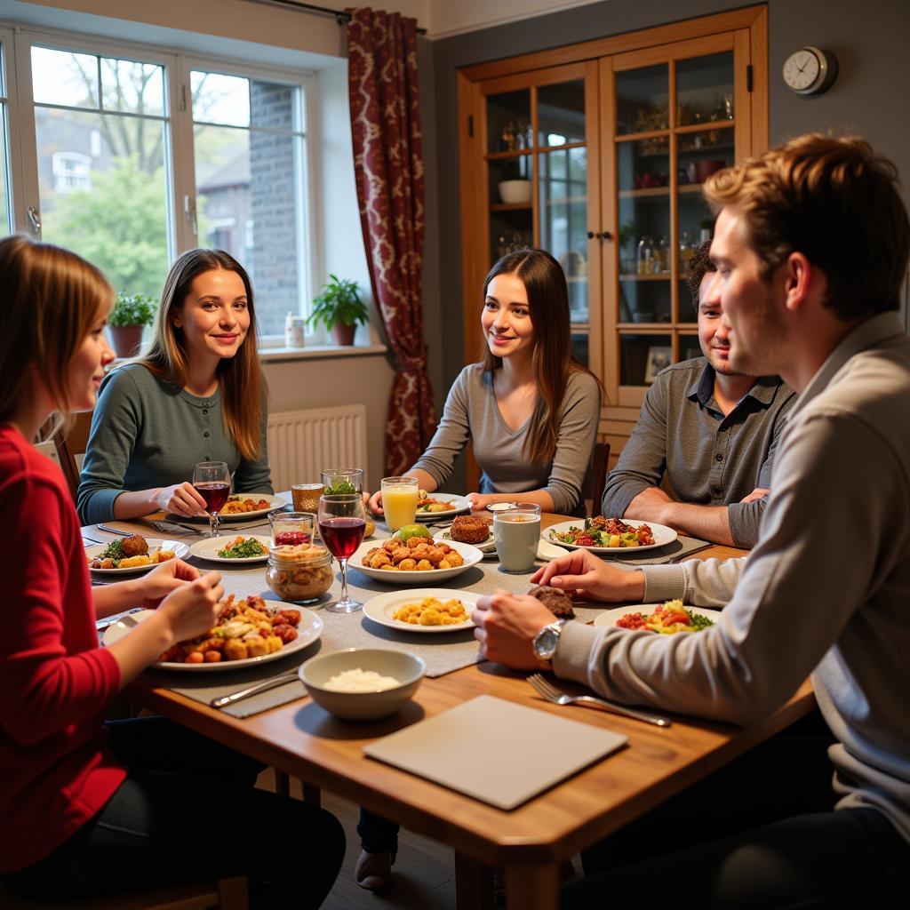 Family having a traditional Dutch meal with their homestay host