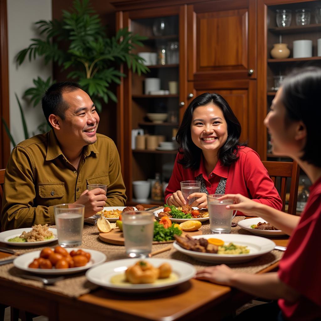 Filipino family enjoying a meal with their homestay guest