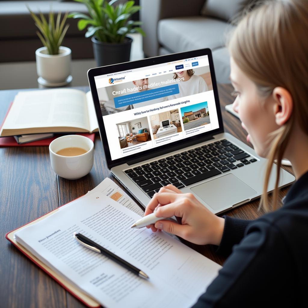 A student researching homestay options in Melbourne using a laptop and online resources.