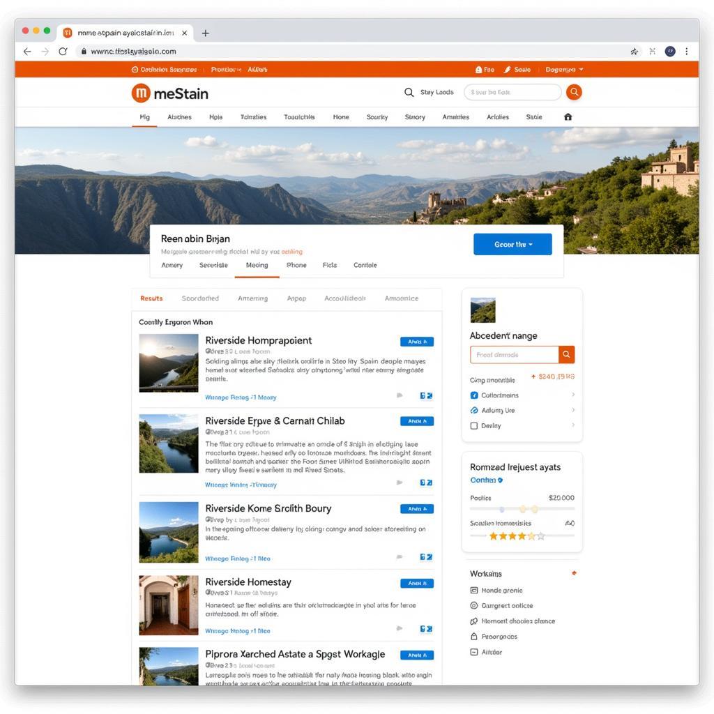 Website interface of me Stay in Spain showing search results for riverside homestays.