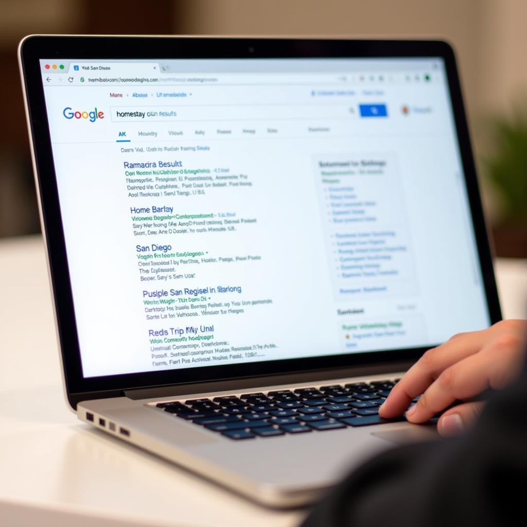 A person searches for "homestay host families in San Diego" on their laptop.