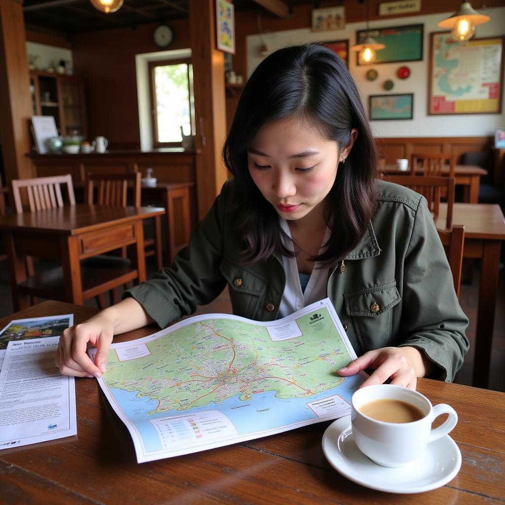 Finding the Right Mu Cang Chai Homestay: A traveler consults a map of the region, highlighting various homestay locations and nearby attractions, while sipping Vietnamese coffee.